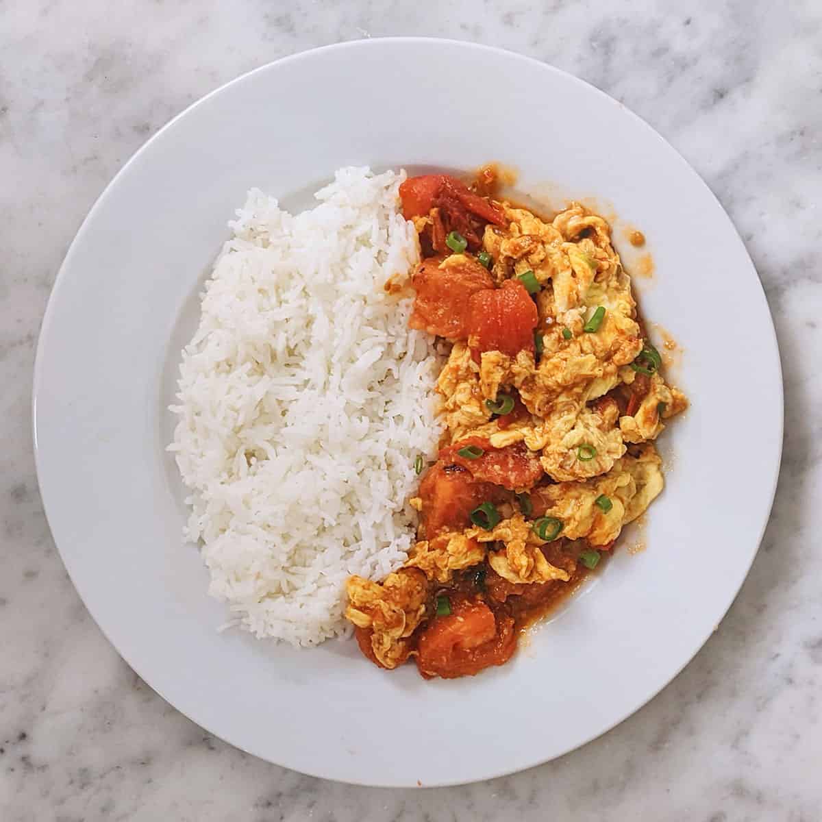 A plate with half rice and half tomato scrambled egg topped with chopped green onions on top of a marble countertop