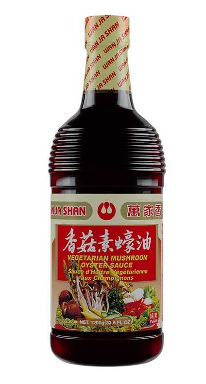 A bottle of Wan Ja Shan Vegetarian Mushroom Oyster Sauce